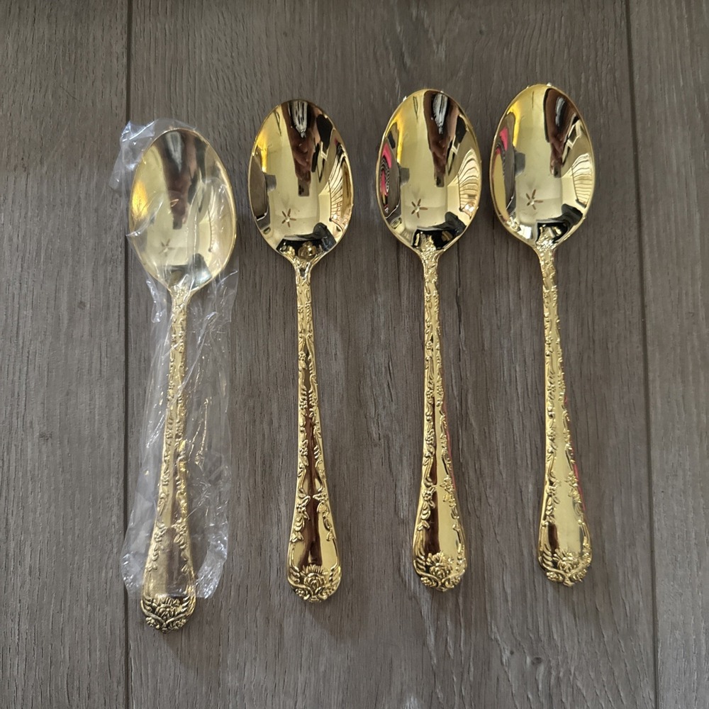 Golden Enchanted Rose Unmarked Gold Plated 4 Oval Place Soup Spoon Flatware